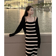 秋冬裙子女款2025新款歐洲站2025春季新款小香風(fēng)條紋吊帶連衣裙修 黑色開(kāi)衫+條紋吊帶裙 L