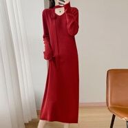 愛(ài)情優(yōu)先 LOVE PRIOR秋冬V領(lǐng)繡花純羊毛針織連衣裙女寬松氣質(zhì)中長(cháng)款羊毛打底長(cháng)裙 荔枝紅色 L