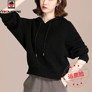 AEMAPE毛衣女秋冬慵懶風(fēng)寬松外穿蝙蝠袖上衣加厚短款連帽衛(wèi)衣針 黑色 2XL