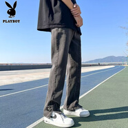花花公子（PLAYBOY）美式高街側(cè)開叉牛仔褲男寬松褲腳拉鏈紐扣長褲直筒vibe設(shè)計感潮牌 黑色 S