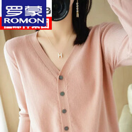 羅蒙（ROMON）高檔100%羊毛絨衫開(kāi)衫女寬松大碼薄款毛衣外套純色打底羊毛上衣粉色2XL 135-150斤
