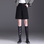 賽曼蝶秋冬外穿毛呢短褲女毛呢5分褲中褲高腰闊腿直筒西裝五分褲靴褲 黑色 4XL 32/體重144-154斤