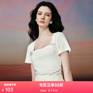 糖力【商場(chǎng)同款】夏新款米色短袖方領(lǐng)釘珠醋酸針織T恤上衣女 米色 L