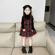 霖貝熊女孩1-5歲裙子春秋套裝中小童3歲孩子兩件套連衣裙可愛洋氣公主裙 黑色針織打底+紅色毛呢裙 100