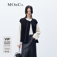 MO&Co.撞色皮袖拼接寬松綿羊毛無(wú)領(lǐng)外套美式風(fēng)格輕軟質(zhì)地夾克大衣 黑色 M 165