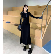 沐霓法式黑色polo針織連衣裙子女秋冬季2025新款內搭打底氣質(zhì)魚(yú)尾長(cháng)裙 黑色S (建議80-95斤)