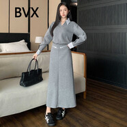 BVX套裝女2025年早秋高級感時尚假兩件條紋拼接衛(wèi)衣半身裙休閑兩件套 灰色 M
