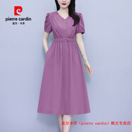 皮爾卡丹（pierre cardin）媽媽短袖連衣裙女夏裝2025年新款小個(gè)子收腰顯瘦氣質(zhì)休閑襯衫裙子 淡紫色 L
