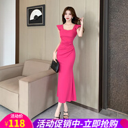 歐貝汐2025夏季新款方領(lǐng)荷葉邊百褶長裙包臀連衣裙 玫紅色 L