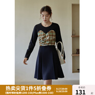 獨束大碼女裝【小森林格紋系列】拼接連衣裙女秋冬新款胖mm顯瘦絲絨裙 黑拼格紋短款 L