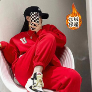 S.SOFEA加絨加厚女運(yùn)動套裝秋冬衛(wèi)衣長褲小香風(fēng)兩件套 紅色 M