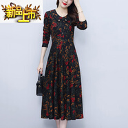 初徑秋冬碎花連衣裙女裝新款媽媽裝氣質(zhì)修身顯瘦長(cháng)袖大擺裙內搭打底裙 紅色 M 【建議：85-105斤】
