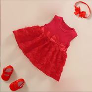 忻悅晴女嬰連衣裙女寶寶百天幼兒公主禮服裙女寶寶生日夏裝一周歲禮服裙 紅色玫瑰裙+蝴蝶發(fā)帶+魔術(shù)貼鞋子 90 cm:建議9-12個月