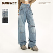 UNIFREE【明星同款】工裝風(fēng)牛仔褲美式寬松多口袋闊腿拖地褲 淺藍色  XL