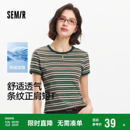 森馬（Semir）涼感T|短袖T恤女短款緊身正肩2025夏季復(fù)古條紋上衣109325100039