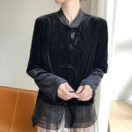 花花公子（PLAYBOY）新中式復古國風(fēng)金絲絨歐根紗拼接外搭長(cháng)袖氣質(zhì)百搭盤(pán)扣襯衣開(kāi)衫 黑色 M