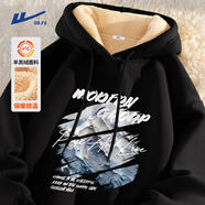 回力衛衣男士秋冬款日系加絨加厚連帽外套男女款重磅潮牌情侶裝上衣服 【保暖羊羔絨】黑色(雪山麗影) 2XL (建議155斤-180斤左右)