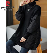 皮爾卡丹（pierre cardin）歐洲站高領(lǐng)毛衣女2025秋冬新款加厚寬松外穿慵懶歐貨拼接夾棉上衣 黑色 M