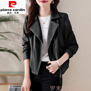 皮爾卡丹（pierre cardin）歐洲站大碼PU皮衣短外套女春秋季2025新款今年流行機車服夾克 黑色 M