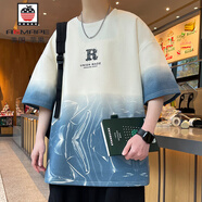 AEMAPE漸變印花短袖男夏季落肩袖寬松t恤男半袖青少年潮流痞帥中袖體恤T DT532白色 2XL 約140-155斤可穿