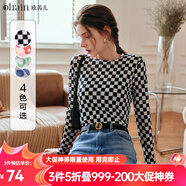 Olrain歐芮兒棋盤格t恤女秋裝女裝修身顯瘦時(shí)尚設(shè)計(jì)感打底皮膚衫女 棋盤格 S 155/80A