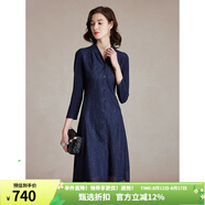MORELINE沐蘭輕奢設(shè)計(jì)感蕾絲拼接連衣裙2025年春新款高級感V領(lǐng)A字裙中長款 藏藍(lán) L