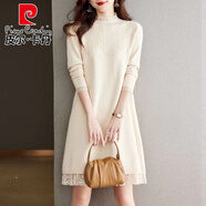 皮爾卡丹（pierre cardin）秋冬打底衫女2025新款洋氣釘珠蕾絲半高領(lǐng)毛衣裙配大衣針織連衣裙 米白色 S 建議85-95斤