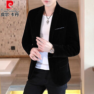 皮爾卡丹（pierre cardin）男士休閑金絲絨韓版修身西裝秋冬單西潮流平絨小西服單西上衣外套 黑色精品絨 M 105斤下