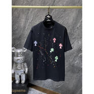 克羅心CH克羅2025春夏新款 彩色十字架發(fā)泡潑墨短袖T恤男女款 黑色 黑色 S