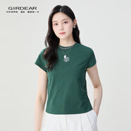 哥弟（GIRDEAR）女裝2025新款綻放系列玫瑰花圖案純棉薄款短袖T恤女1300996 墨綠 M (3碼)