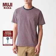 無(wú)印良品 MUJI 男式 印度棉天竺編織 條紋短袖T恤 深海軍藍(lán)X圖案 S