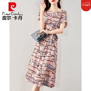 皮爾卡丹（pierre cardin）寬松時尚裙子女2025夏季新款氣質(zhì)時尚質(zhì)感收腰幾何連衣裙女長裙子 粉色格紋 S