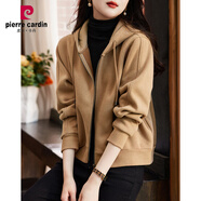 皮爾卡丹（pierre cardin）2025女裝短款春秋季款簡約開衫衛(wèi)衣外套女士休閑夾克運動帽衫 卡其色 M (建議100斤以內(nèi))