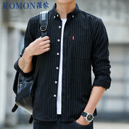 羅蒙（ROMON）條紋長袖襯衫男士韓版修身商務休閑百搭襯衣外套黑色5XL