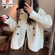 皮爾卡丹（pierre cardin）氣質(zhì)雙面毛絨針織開(kāi)衫女冬雙排扣加厚毛衣短外套 米白色 均碼 【適合85-160斤可穿】