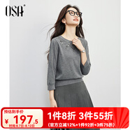 歐莎復(fù)古手工釘珠針織衫女2025秋季新款泡泡袖灰色套頭衫上衣 灰色 L