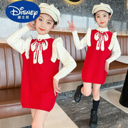 迪士尼（Disney）女童針織毛衣裙秋冬飛袖蝴蝶結連衣裙女孩中長款洋氣新年裝毛線衫 紅色 110 建議105-115cm