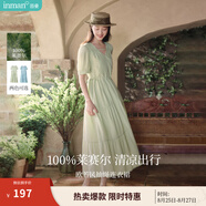 茵曼（INMAN）法式薄荷曼波連衣裙2024夏女裝新品V領(lǐng)燈籠袖抽繩 水沫綠 M