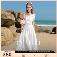 三彩獨醒2025夏季新款荷葉邊連衣裙無袖系帶收腰A字裙長裙F 珍珠白 XL 170/92A