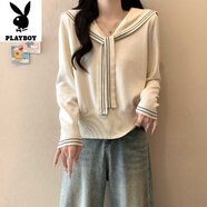 花花公子（PLAYBOY）新品大碼女裝海軍領(lǐng)長(zhǎng)袖針織衫2025新款秋季韓版毛衣胖MM遮肉顯瘦 杏色-旗艦款 L 【建議100~120斤】