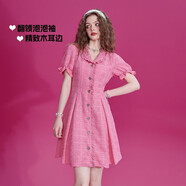 盛放（SEENFAAN）法式復(fù)古夏季短袖連衣裙設(shè)計感A字百褶裙宮廷風(fēng)小眾 玫紅色 M