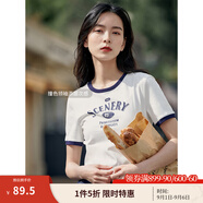 茵曼（INMAN）潮趣印花女裝圓領(lǐng)短袖T恤修身顯瘦套頭短款2025夏季新款上衣 月牙白 -18525987 L