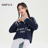 三福（SANFU）長T恤2025秋季蕾絲綁帶袖子印花圖案V領上衣女裝508855 寶藍色 S