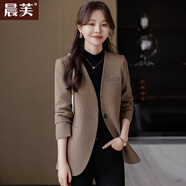 晨芙無領西裝外套女春秋高級感女神范復古氣質休閑小個子短款西服上衣 黃棕色西裝 常規(guī) M 建議95-18斤