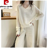 皮爾卡丹（pierre cardin）蕾絲拼接仿浣熊絨高領(lǐng)針織衫女歐洲站秋裝新款歐貨女裝打底衫 白色 均碼