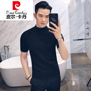 皮爾卡丹（pierre cardin）男士毛衣半高領(lǐng)春秋新款短袖針織衫男緊身中領(lǐng)純色線(xiàn)衣修身打底衫 黑色 短 袖 L (110-120斤)