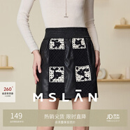 MSLAN|商場(chǎng)同款24春季鯨落毛織拼接PU皮小短裙A型復(fù)古顯瘦半身裙 烏黑 M