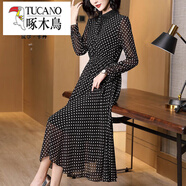 啄木鳥(niǎo)（TUCANO）雪紡波點(diǎn)連衣裙女長(cháng)袖2025新款春秋娃娃領(lǐng)長(cháng)款收腰顯瘦氣質(zhì)打底裙 波點(diǎn) XL