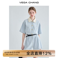 VEGA CHANG工裝連體短褲女夏2025新款小個子顯瘦高級感連身衣褲 藍色 L