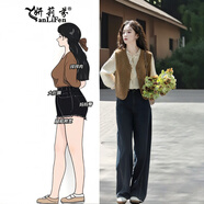 妍莉芬（yanlifen）秋季女裝穿搭衣服一整套大碼襯衫疊穿馬甲牛仔褲子復(fù)古三件套裝女 三件套裝 L (建議100-120斤)